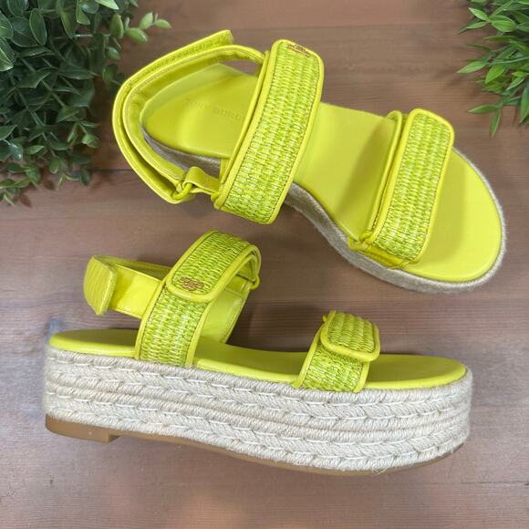 Tory Burch Sport Espadrille Raffia & Leather Platform Sandals Green Size 6 - Picture 1 of 8